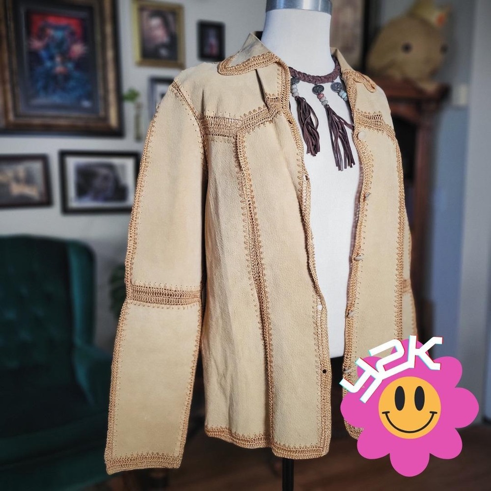 IDI by Mathew Leather‎ Jacket Vintage Y2K Tan Suede Crochet Trim Boho Western XL